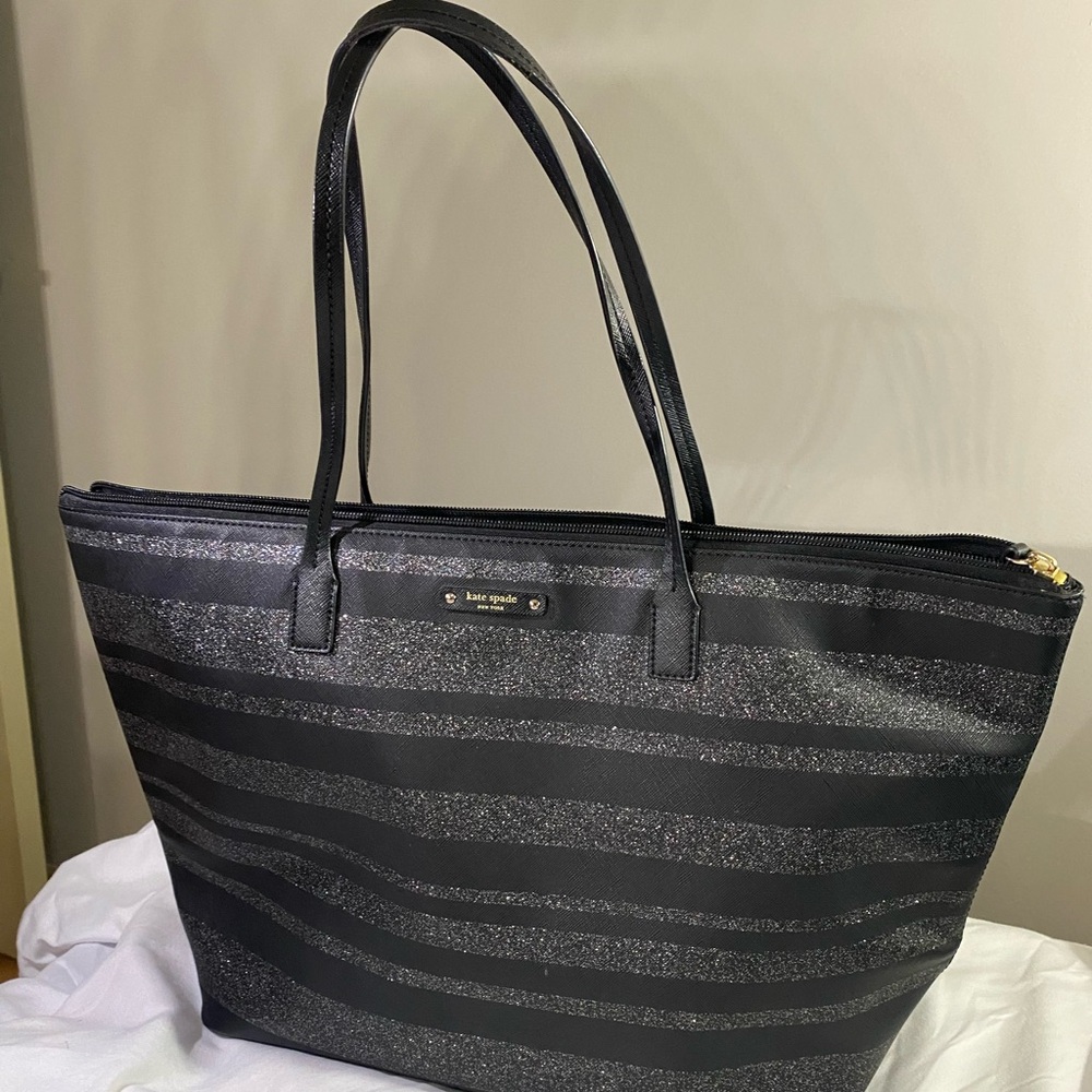 Kate Spade Glittery Black and Gray Striped Tote